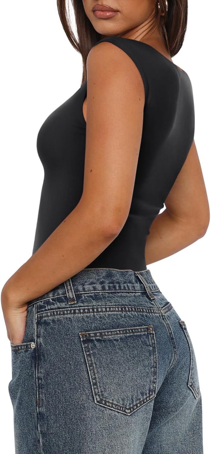 Size M REORIA Butsmooth® Women's Trendy Sexy Casual V Neck Double Lined Sleeveless Slimming Going Out Tank Top Bodysuits